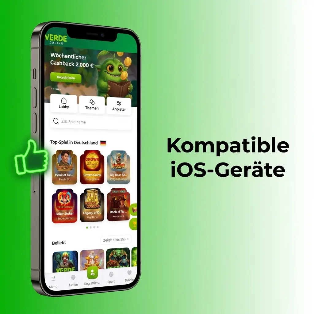 Liste kompatibler iOS-Geräte für die Verde-App, darunter iPhone X bis 17 und iPad Air sowie iPad Pro-Modelle
