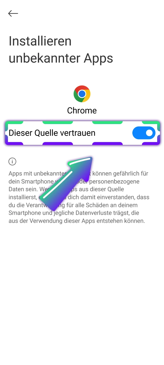 Erlaube die Installation aus unbekannten Quellen für Verde Casino Android.