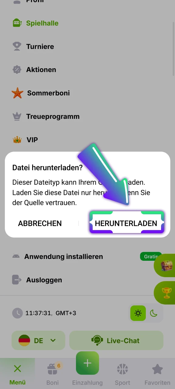 Bestätige den APK Download im Pop-up und starte Verde Casino.