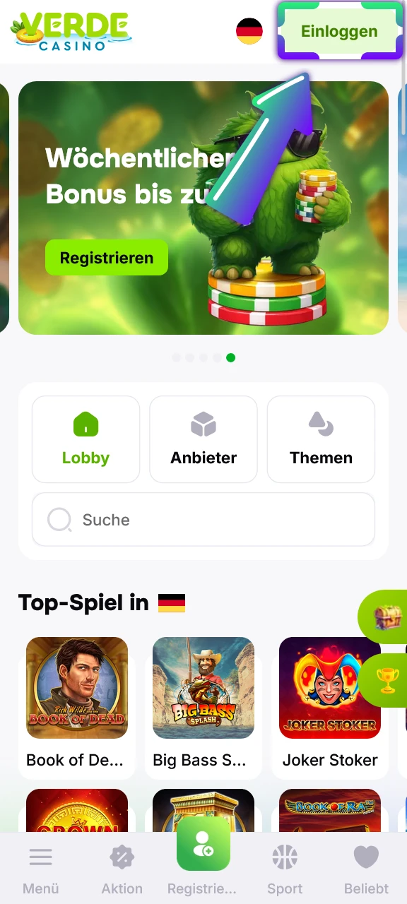 Öffne die Verde Casino App und melde dich für deine erste Wette an.