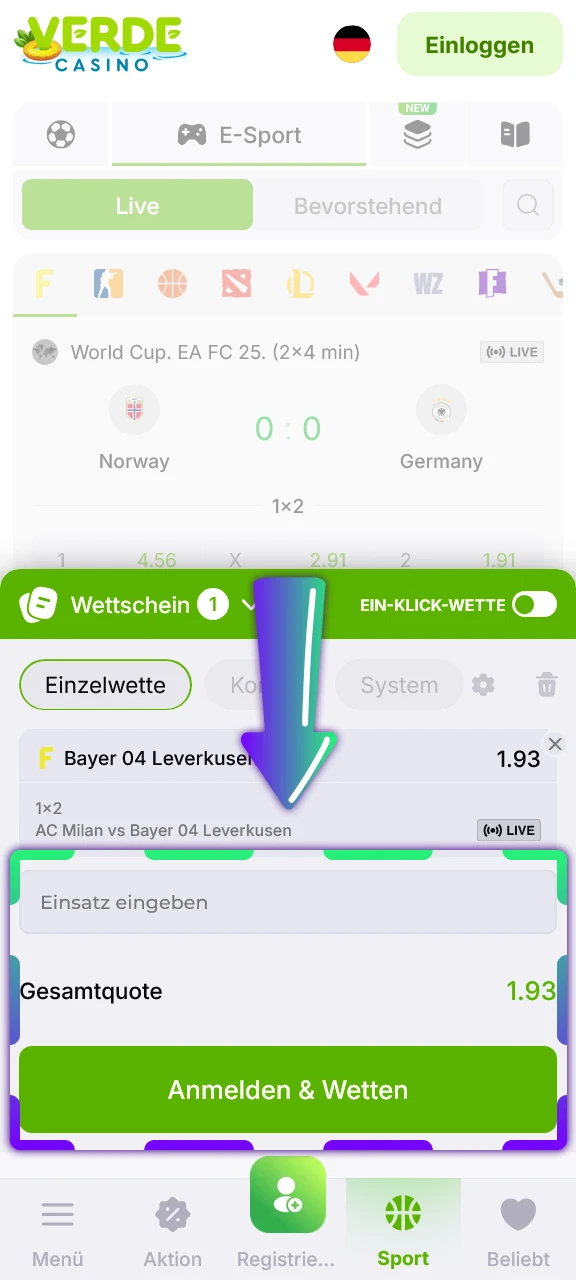 Gib deinen Einsatz ein und bestätige deine erste Wette in der Verde Casino App.