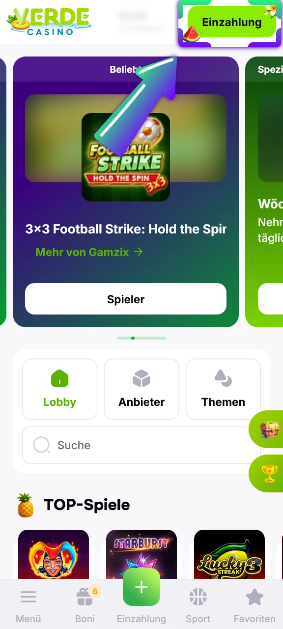 Tätige eine schnelle Einzahlung auf dein Verde Casino Konto für erste Sportwetten.