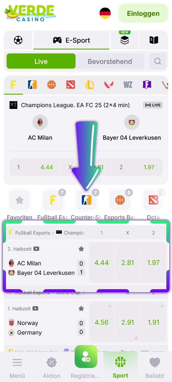 Finde ein passendes Ereignis mit bester Quote in der Verde Casino App für deine erste Wette.