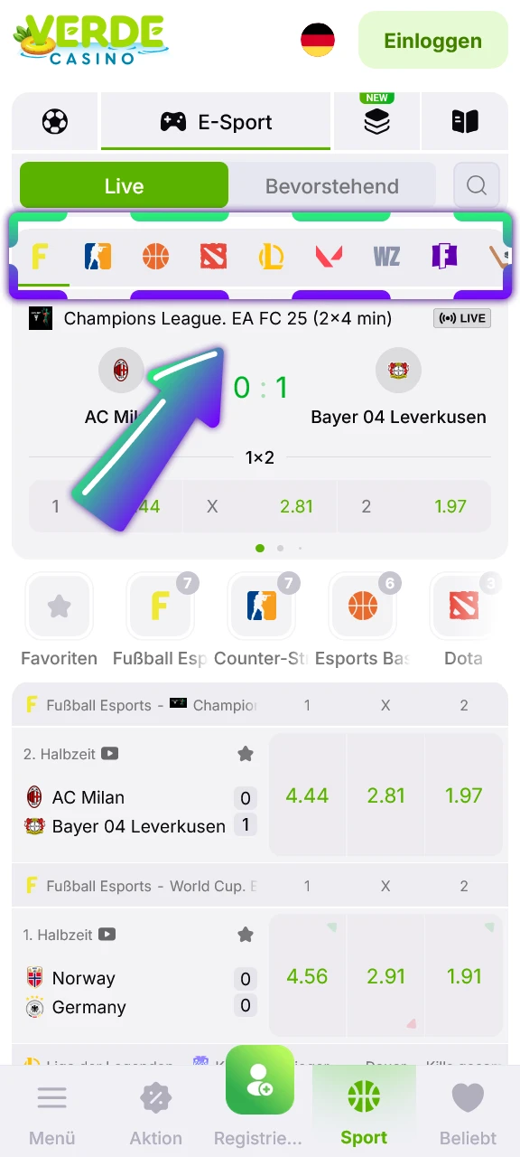 Wähle deine bevorzugte Sportart in der Verde Casino App für deine erste Wette aus.