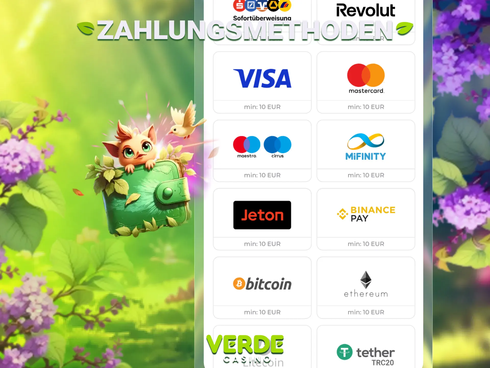 Nutze sichere Zahlungsmethoden für Einzahlungen bei Verde Casino Deutschland.
