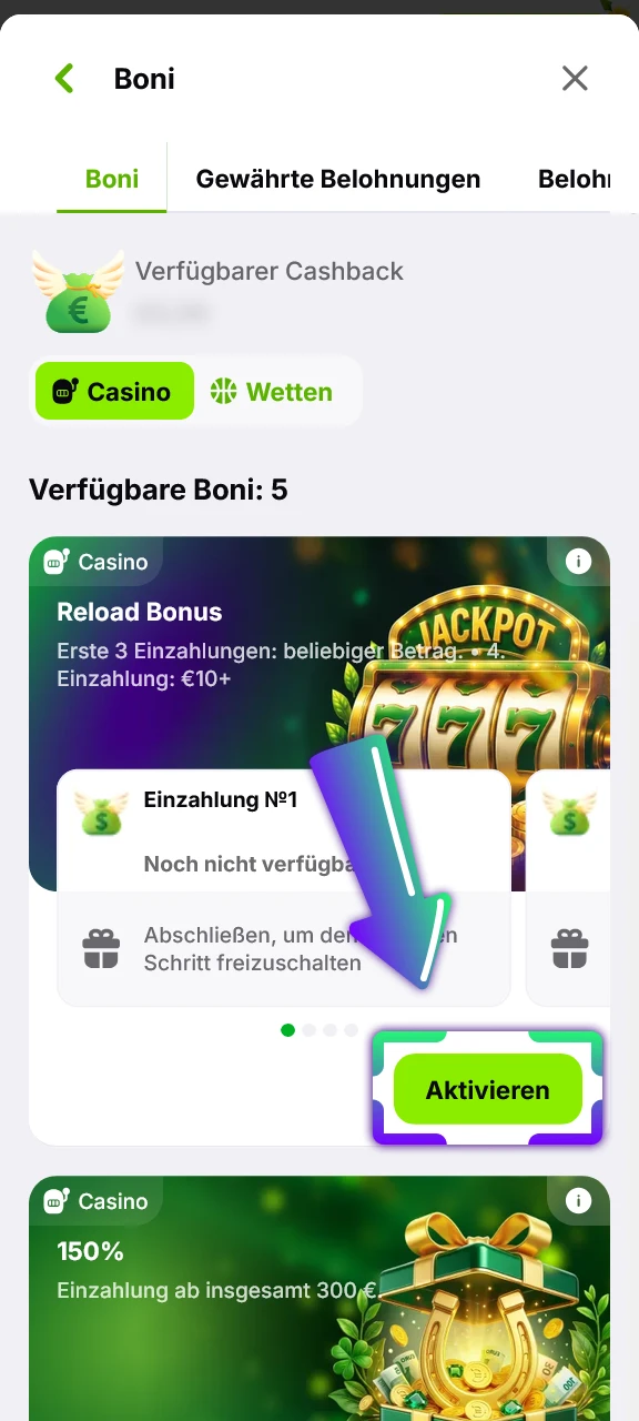Aktiviere den Verde Casino Bonus schnell in deinem Profil.