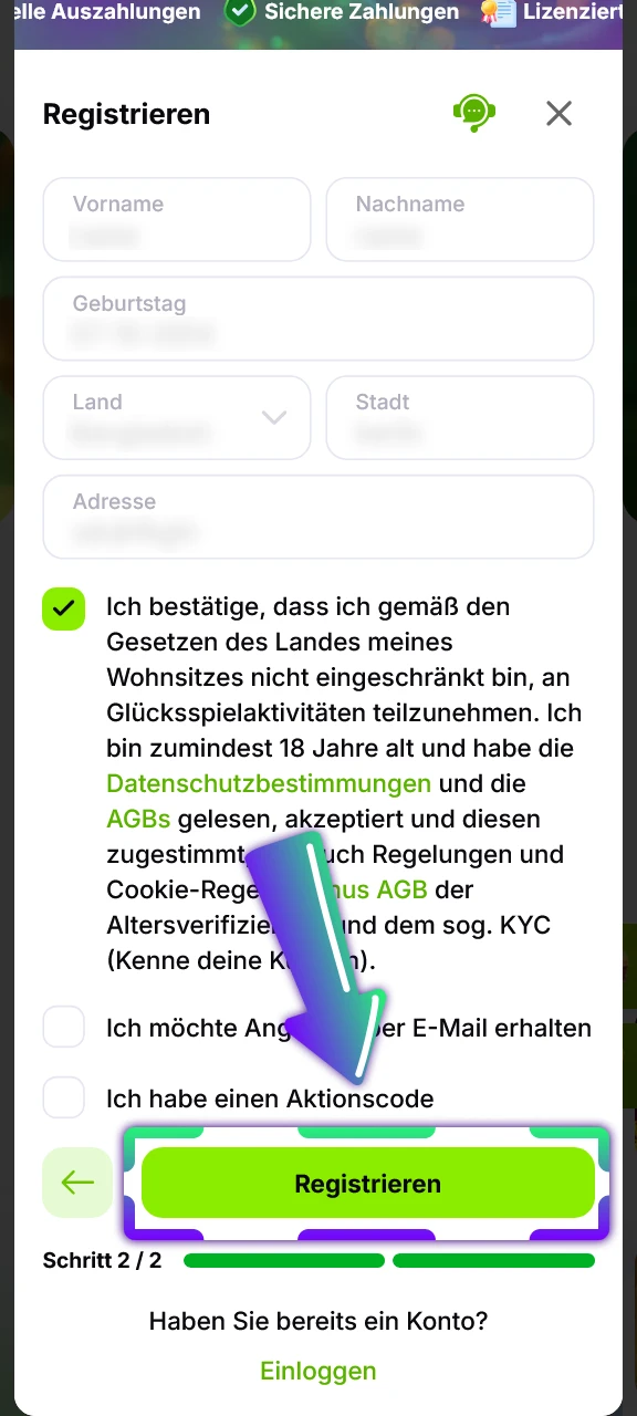 Erstelle ein neues Konto für den Verde Casino Bonus.