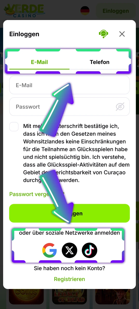 Wählen Sie Ihre bevorzugte Anmeldemethode bei Verde Casino.