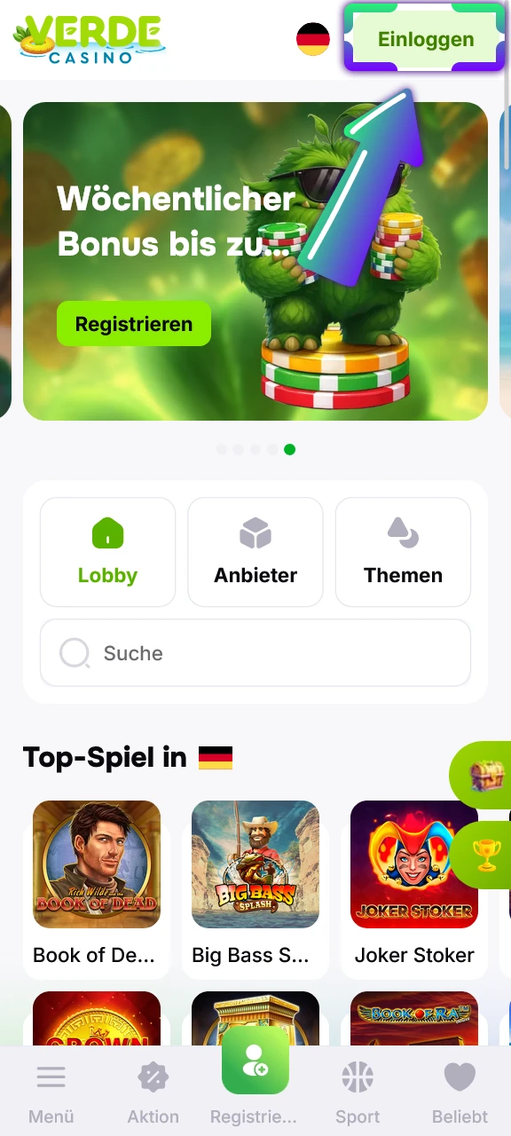 Rufen Sie die Login-Seite von Verde Casino auf für schnelle Anmeldung.