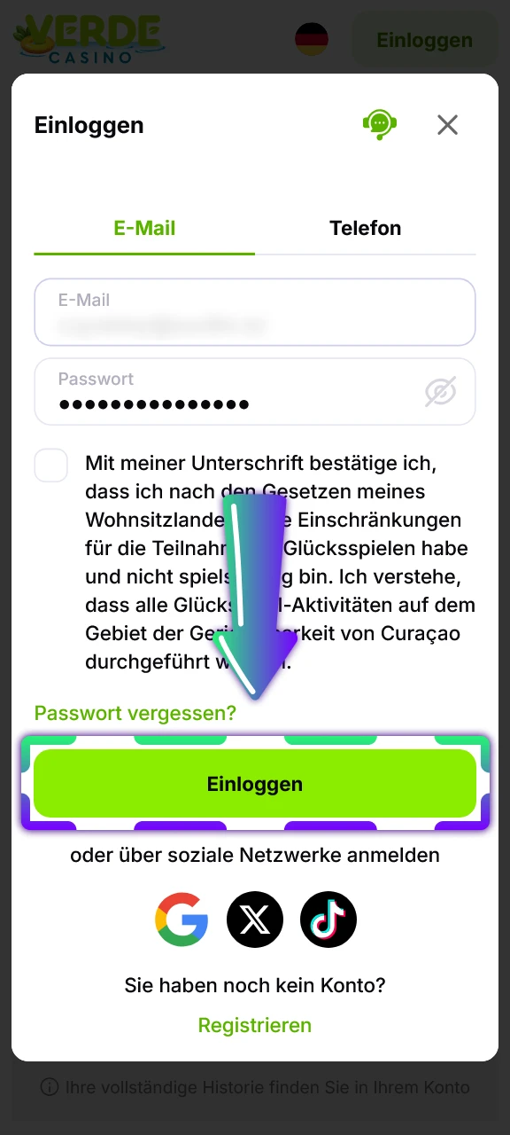 Bestätigen Sie Ihren Login-Zugang bei Verde Casino sofort.