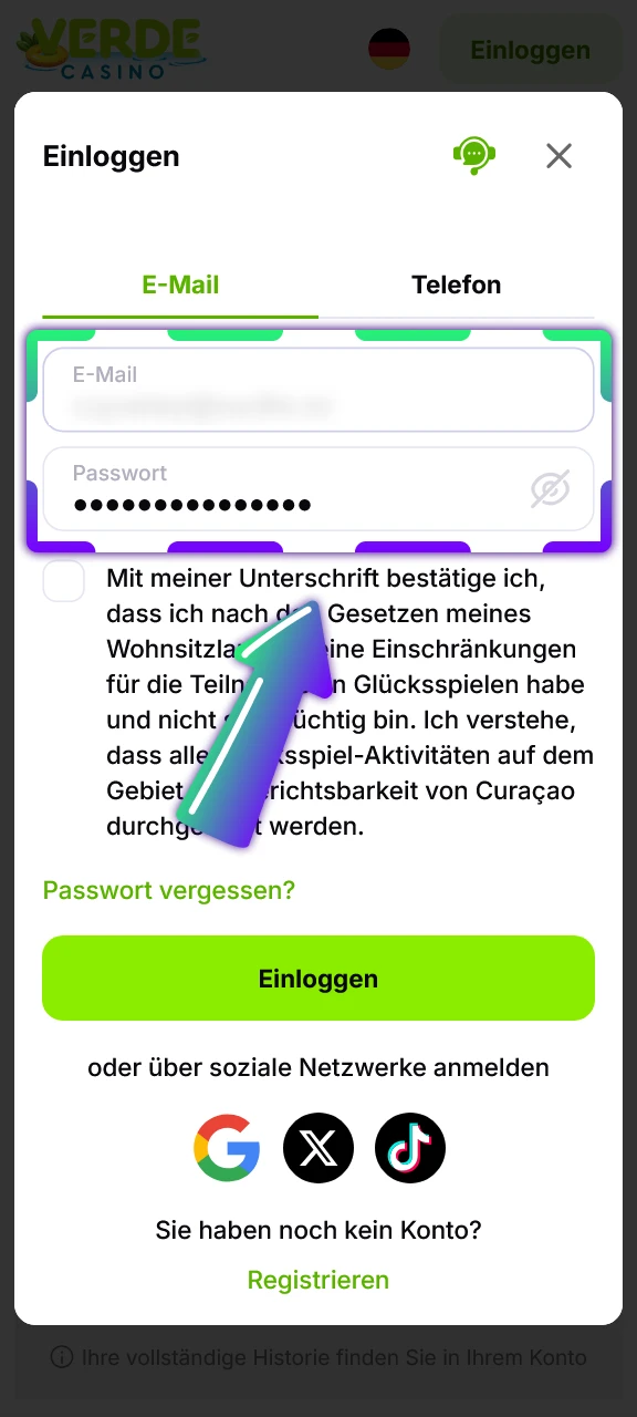Geben Sie Ihre Zugangsdaten bei Verde Casino sicher ein.