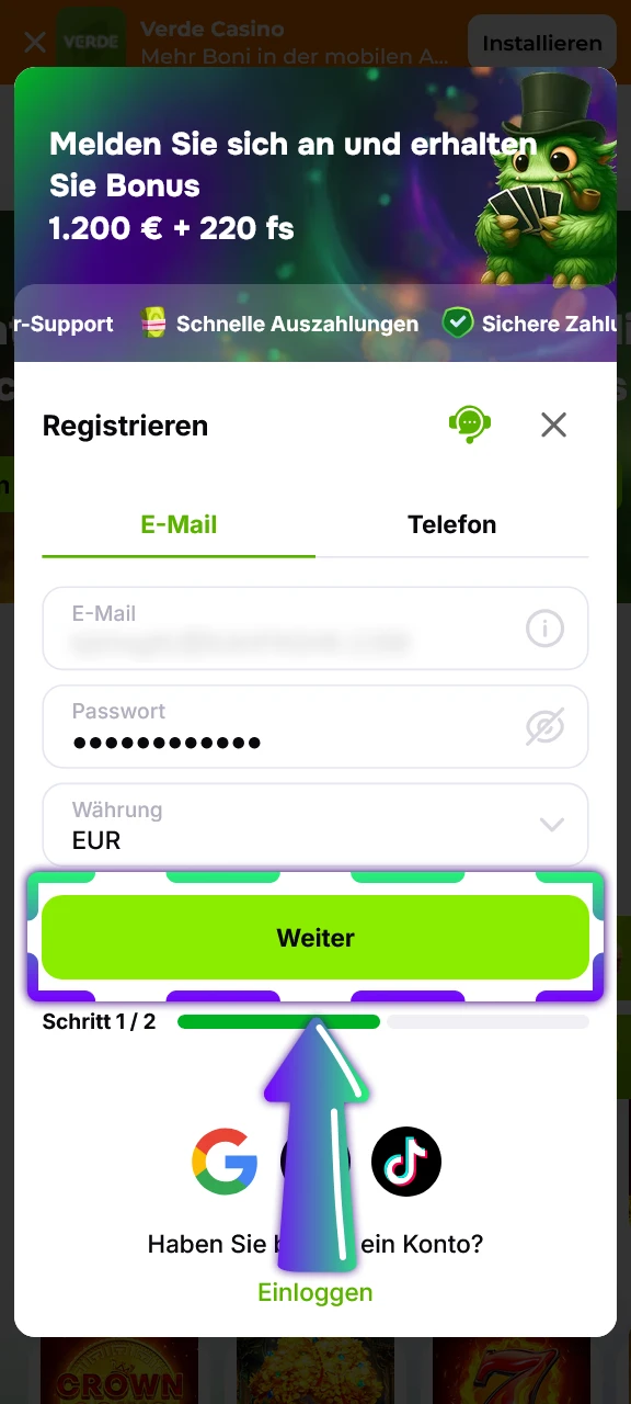 Passwort festlegen und Währung bei der Verde Casino Registrierung auswählen.