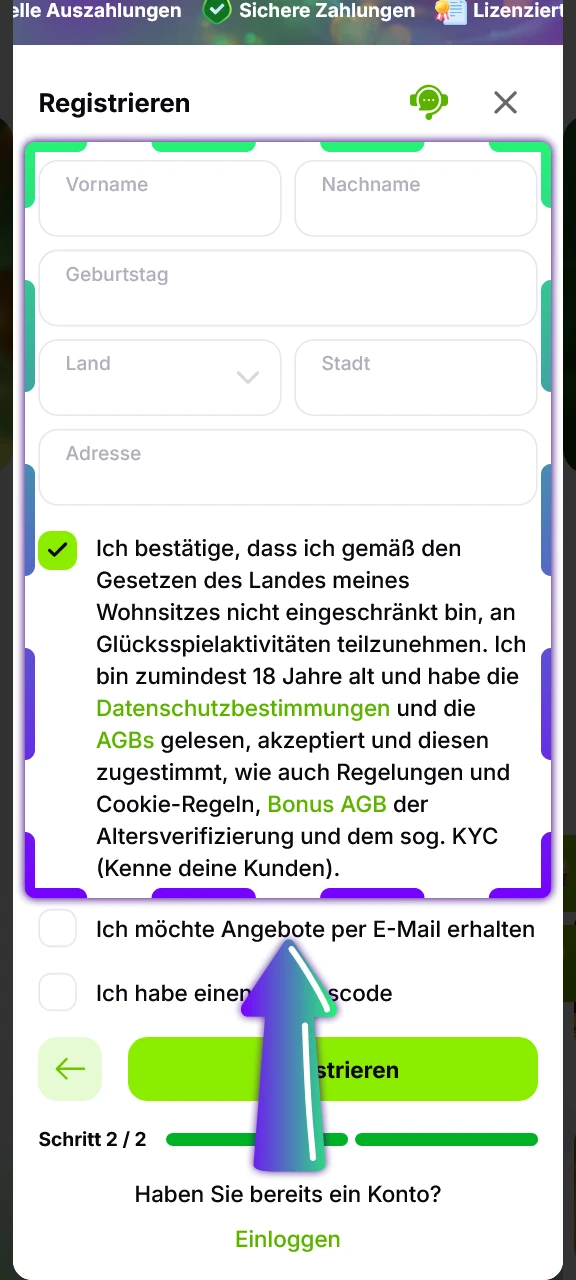 Persönliche Daten für die Verde Casino Registrierung korrekt eintragen.