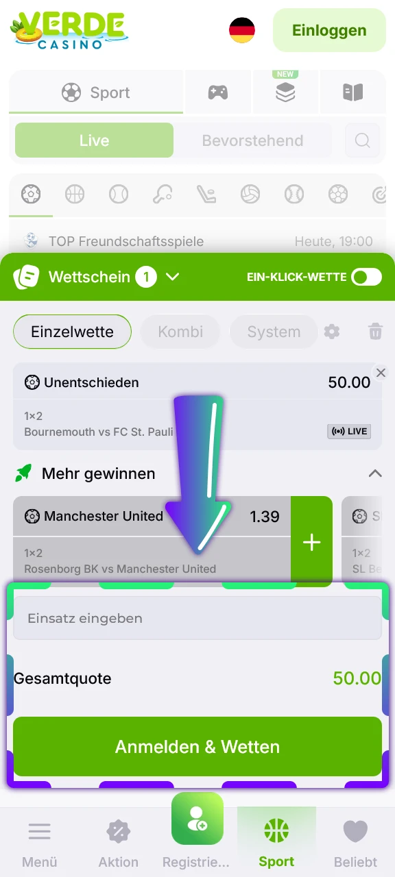 Geben Sie den Einsatz ein und platzieren Sie Ihre erste Wette bei Verde Casino.