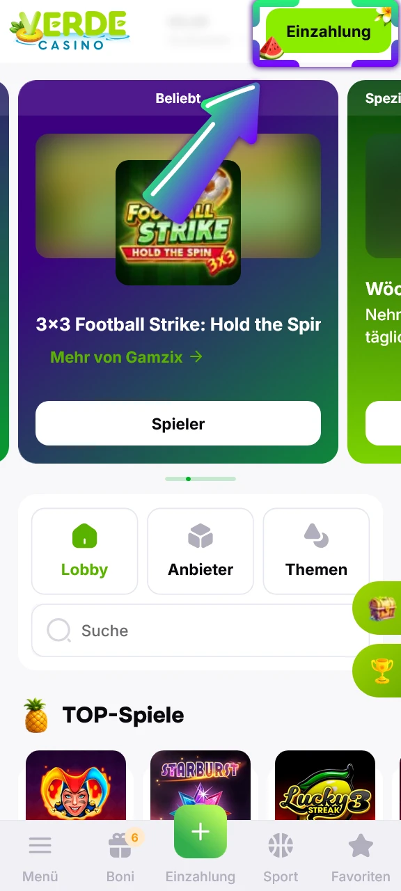 Tätigen Sie eine Einzahlung bei Verde Casino und starten Sie Ihre erste Wette.