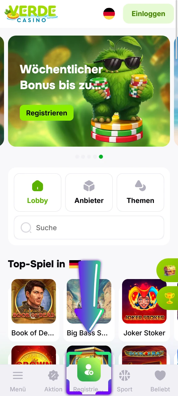 Registrieren Sie sich bei Verde Casino für Ihre erste Wette auf der offiziellen Website.