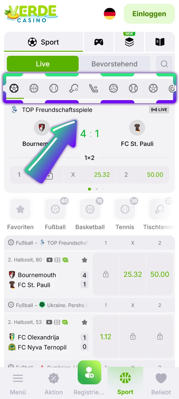 Wählen Sie Ihre bevorzugte Sportart bei Verde Casino für die erste Wette.