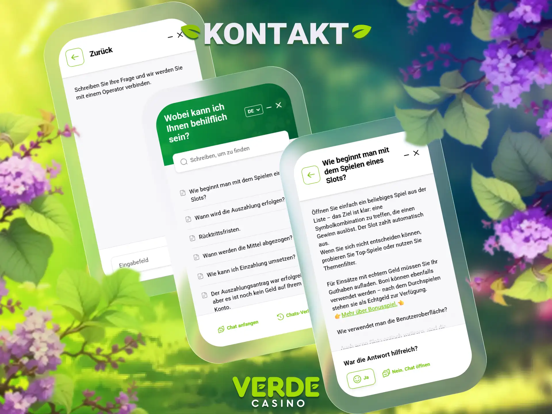 Kontaktieren Sie den freundlichen Support von Verde Casino bei Fragen zum Angebot.