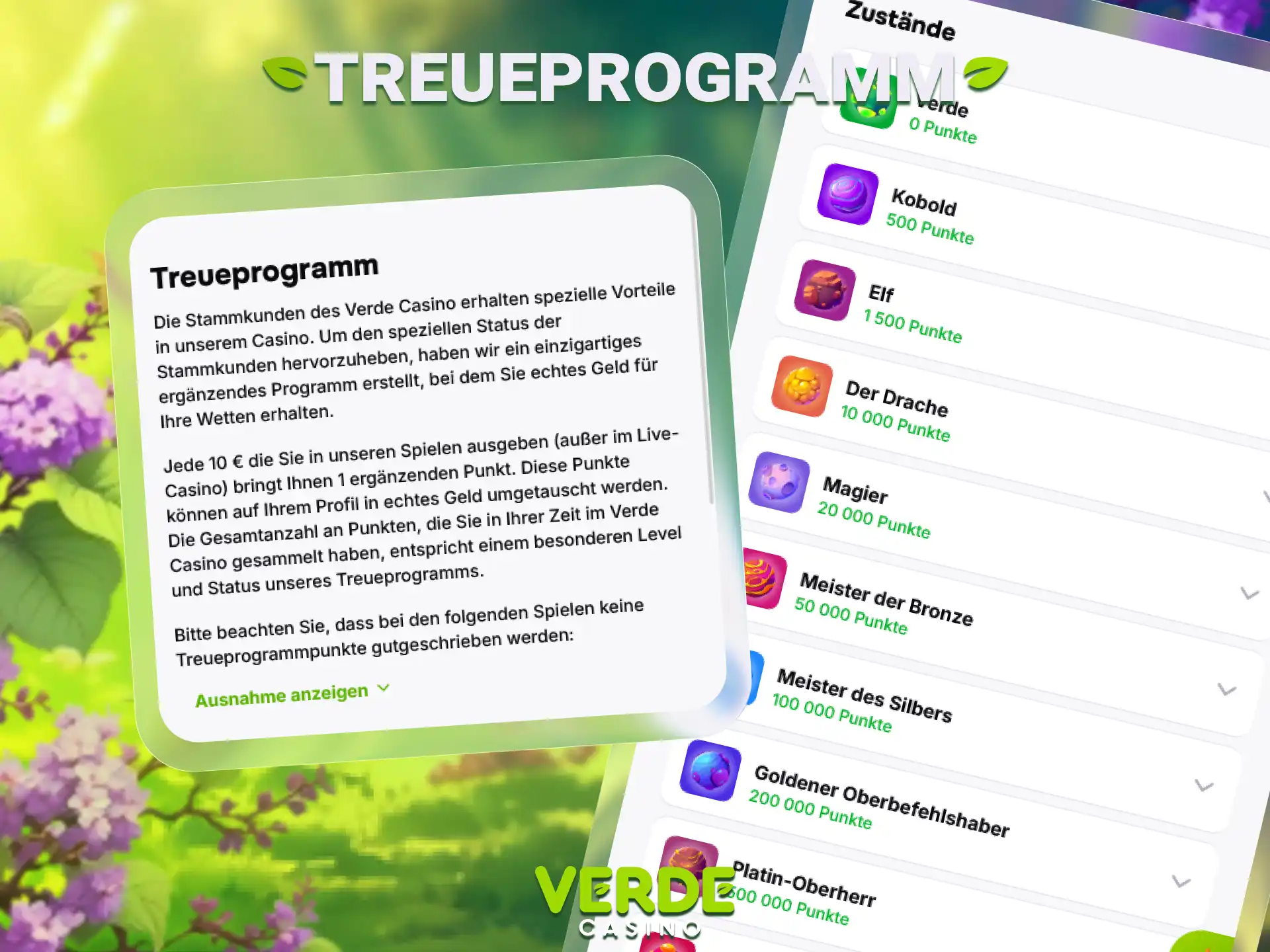 Sammeln Sie wertvolle Punkte im attraktiven Verde Casino Treueprogramm als Mitglied.