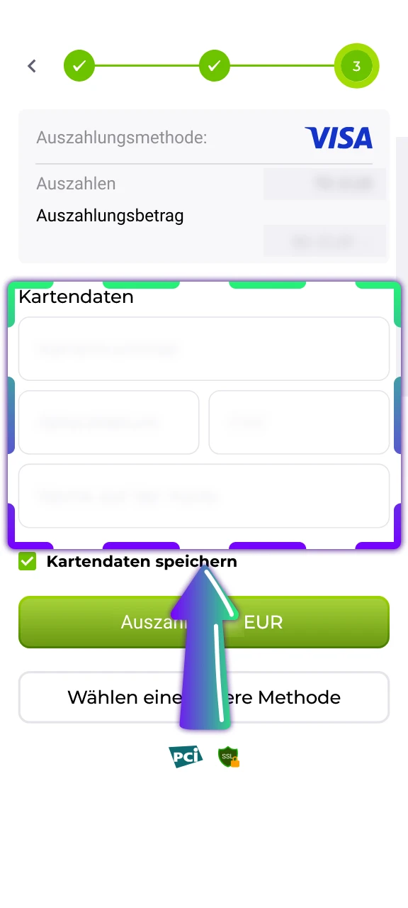 Geben Sie Ihre Bankdaten oder Wallet-Adresse für die Auszahlung in der Verde Casino App ein.
