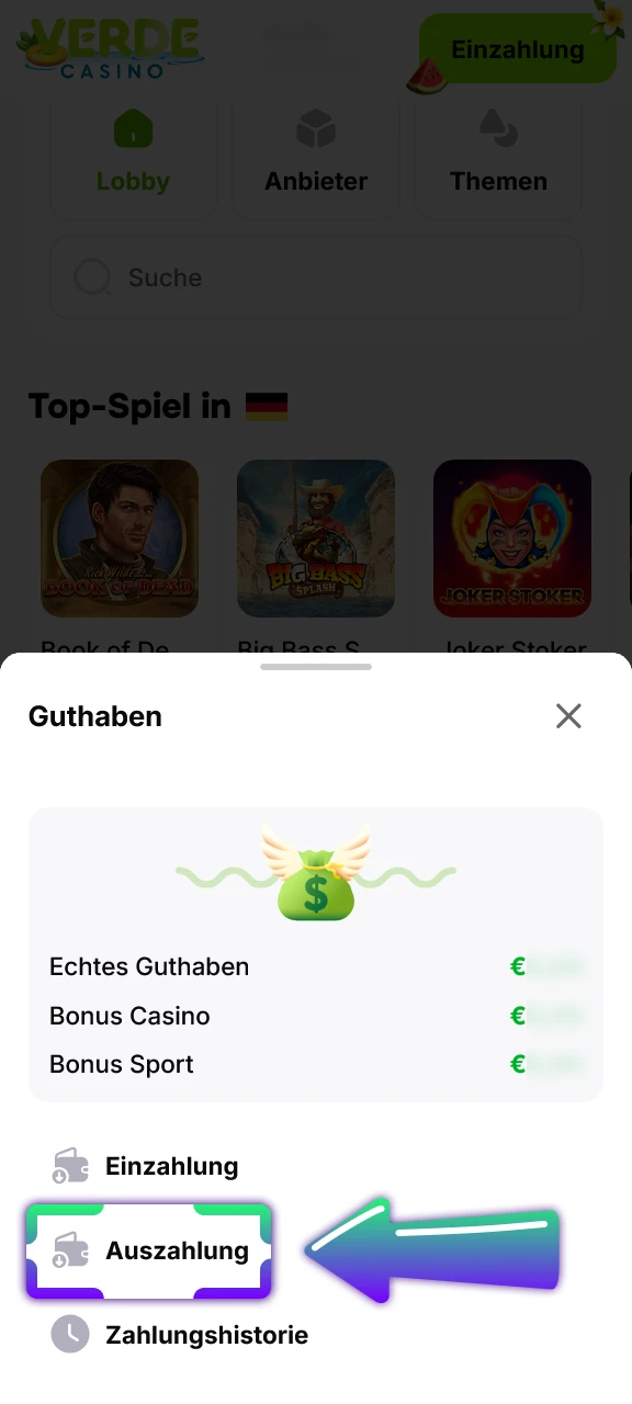 Rufen Sie den Kassenbereich in der Verde Casino App für Ihre Auszahlung auf.