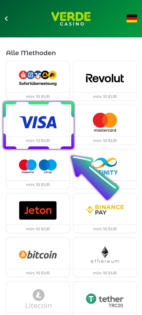 Wählen Sie Ihre bevorzugte Zahlungsmethode und den Betrag in der Verde Casino App aus.