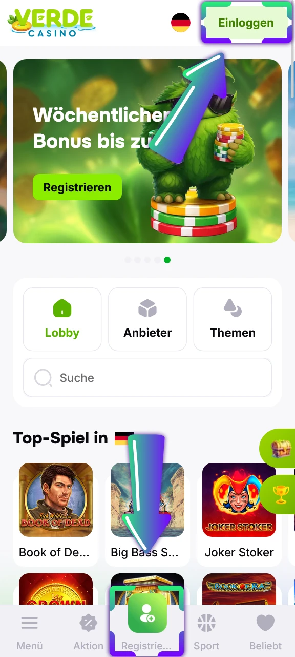 Melde dich in der Verde Casino App an und starte direkt das Spiel.