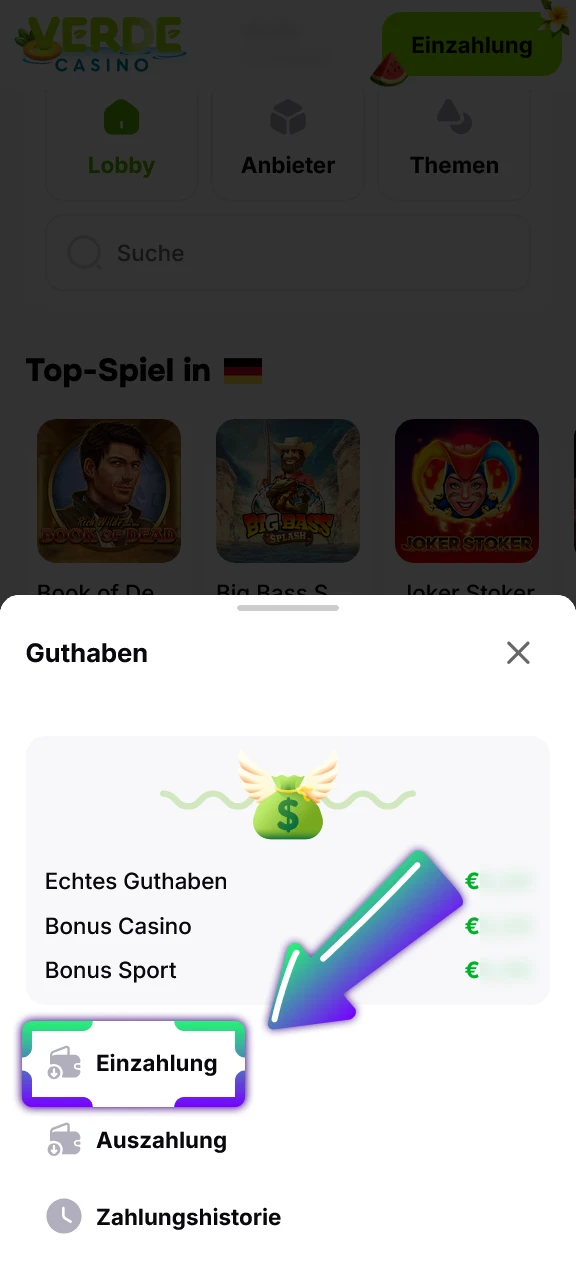 Öffne den Kassenbereich bei Verde Casino für deine geplante Einzahlung.