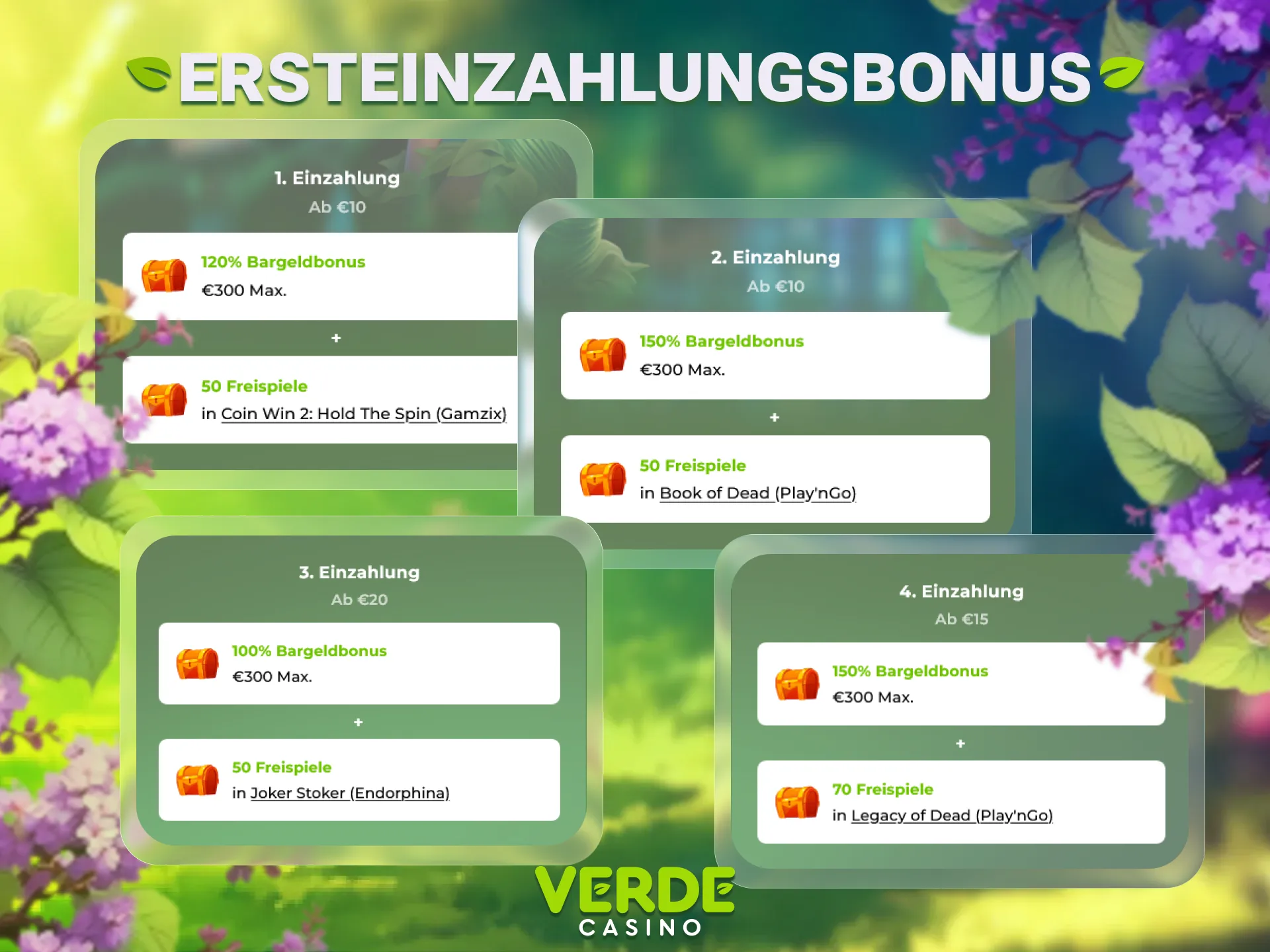 Registriere dich und sichere dir den lukrativen Verde Casino Ersteinzahlungsbonus.
